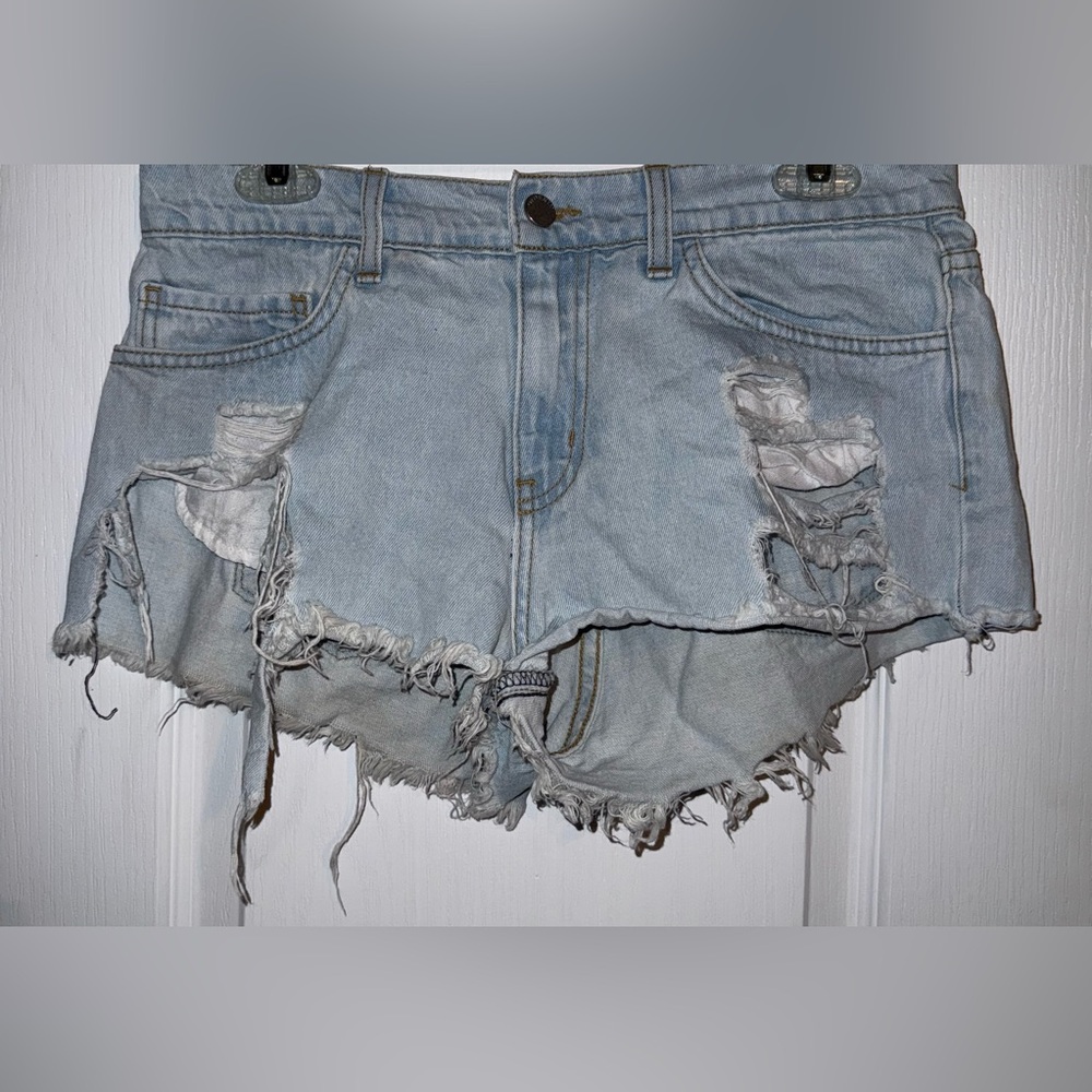 O2 Denim Distressed Mini Jean Shorts Blue Raw Hem Festival Style Size M